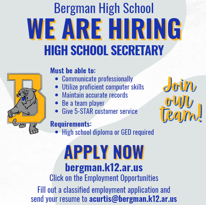 High School looking for Secretary Bergman Public Schools